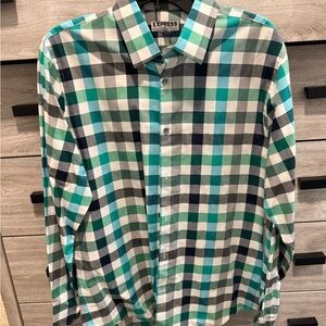 Express Men's Plaid Shirt - Teal and Black